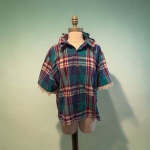 OOAK Upcycled Plaid Button Down with Crochet Lace Trim, Teal and Berry